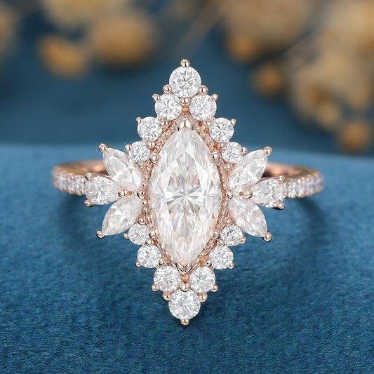 0.90 CT Marquise Shaped Moissanite Cluster Engagement Ring