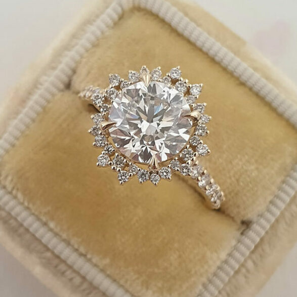 2.0 CT Round Cut Cluster Halo Style Moissanite Engagement Ring