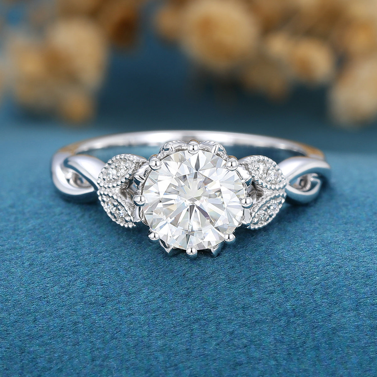 1.10 CT Round Shaped Moissanite Milgrain Art Deco Engagement Ring