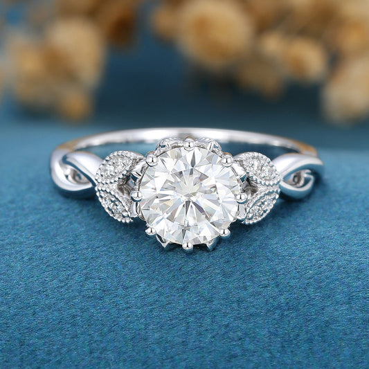 1.10 CT Round Shaped Moissanite Milgrain Art Deco Engagement Ring
