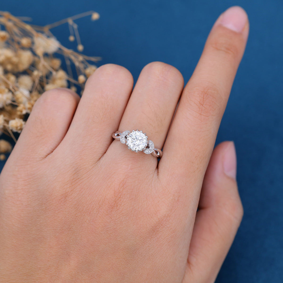 1.10 CT Round Shaped Moissanite Milgrain Art Deco Engagement Ring