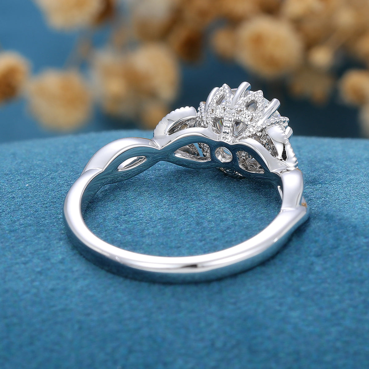 1.10 CT Round Shaped Moissanite Milgrain Art Deco Engagement Ring