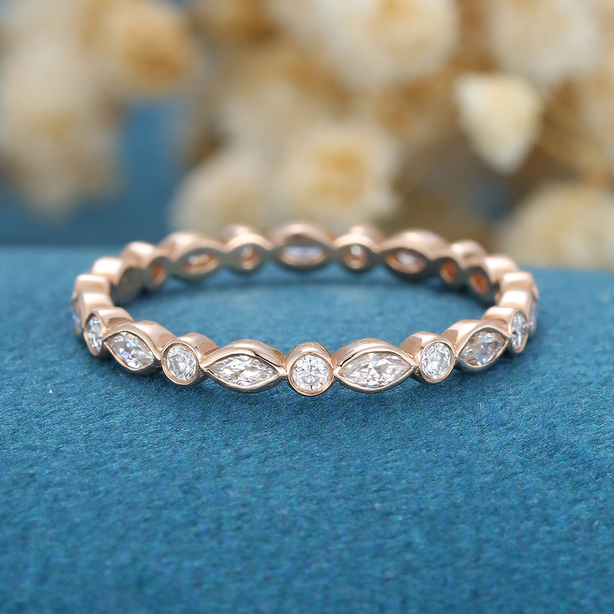 1.30 CT Round & Marquise Shaped Moissanite Bezel Wedding Band