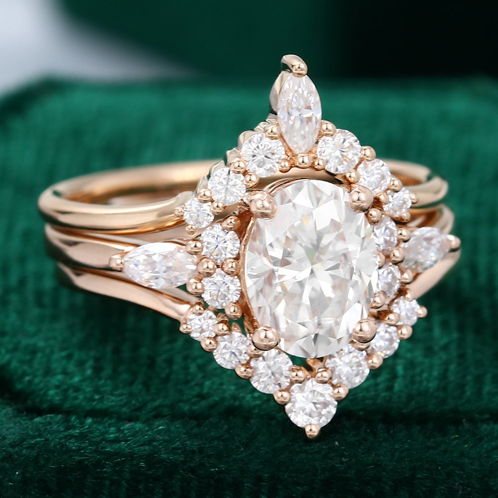 1.33 CT Oval Moissanite Art Deco Style Bridal Ring Set