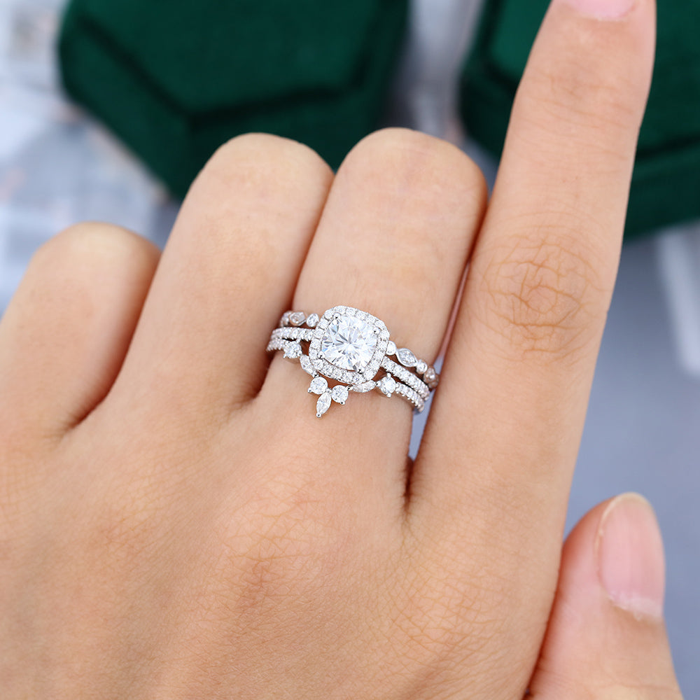 0.96 CT Cushion Moissanite Halo Bridal Ring Set