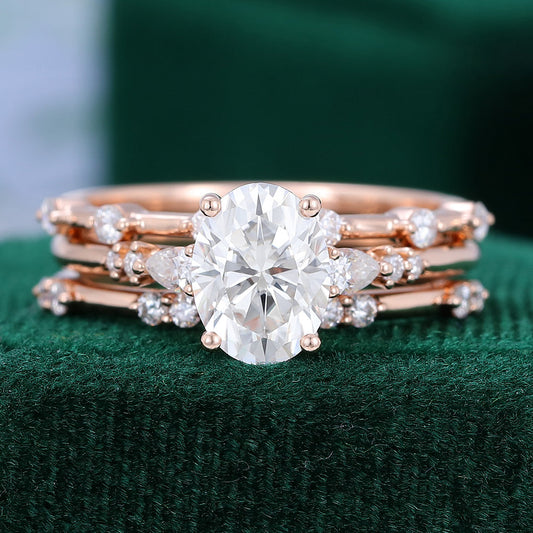 1.33 CT Oval Moissanite Three Stone  Bridal Ring Set