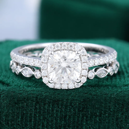 0.96 CT Cushion Moissanite Halo Bridal Ring Set