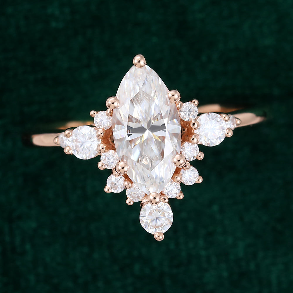 0.90 CT Marquise Shaped Moissanite Cluster Engagement Ring