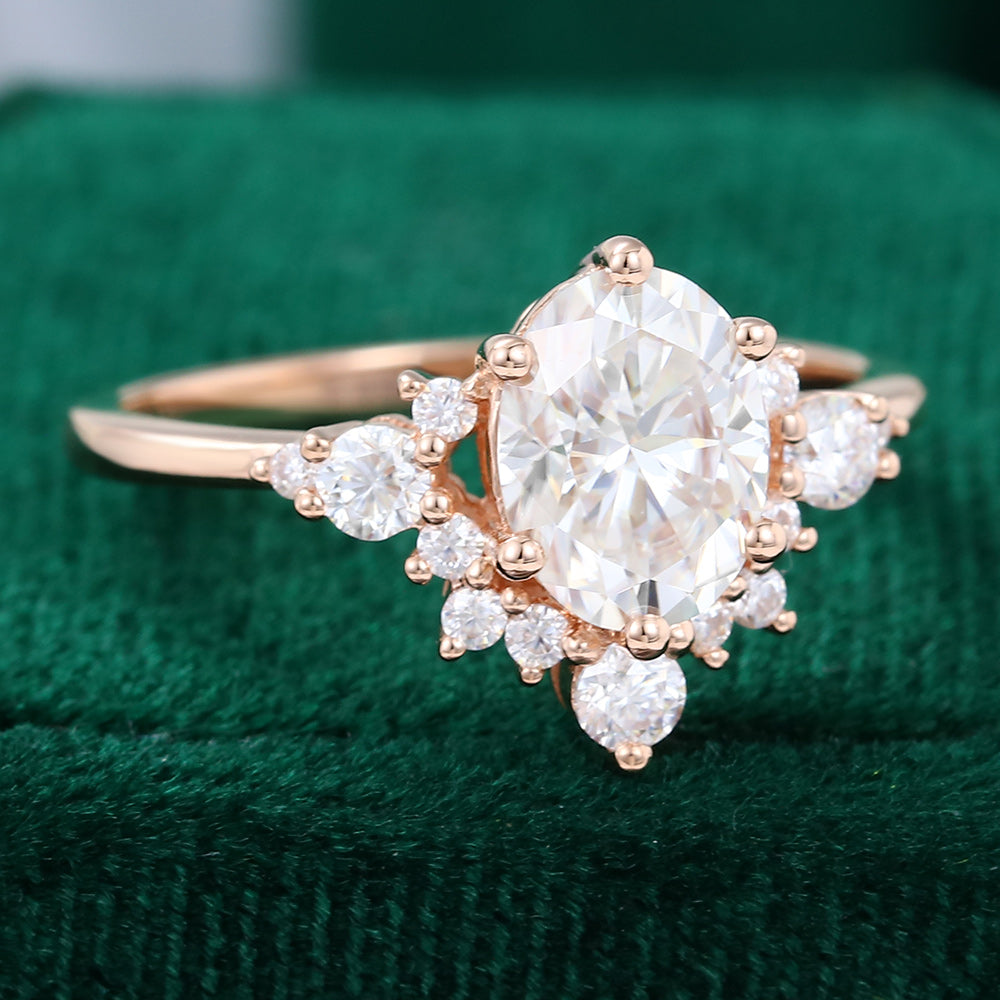 1.50 CT Oval Shaped Moissanite Cluster Engagement Ring