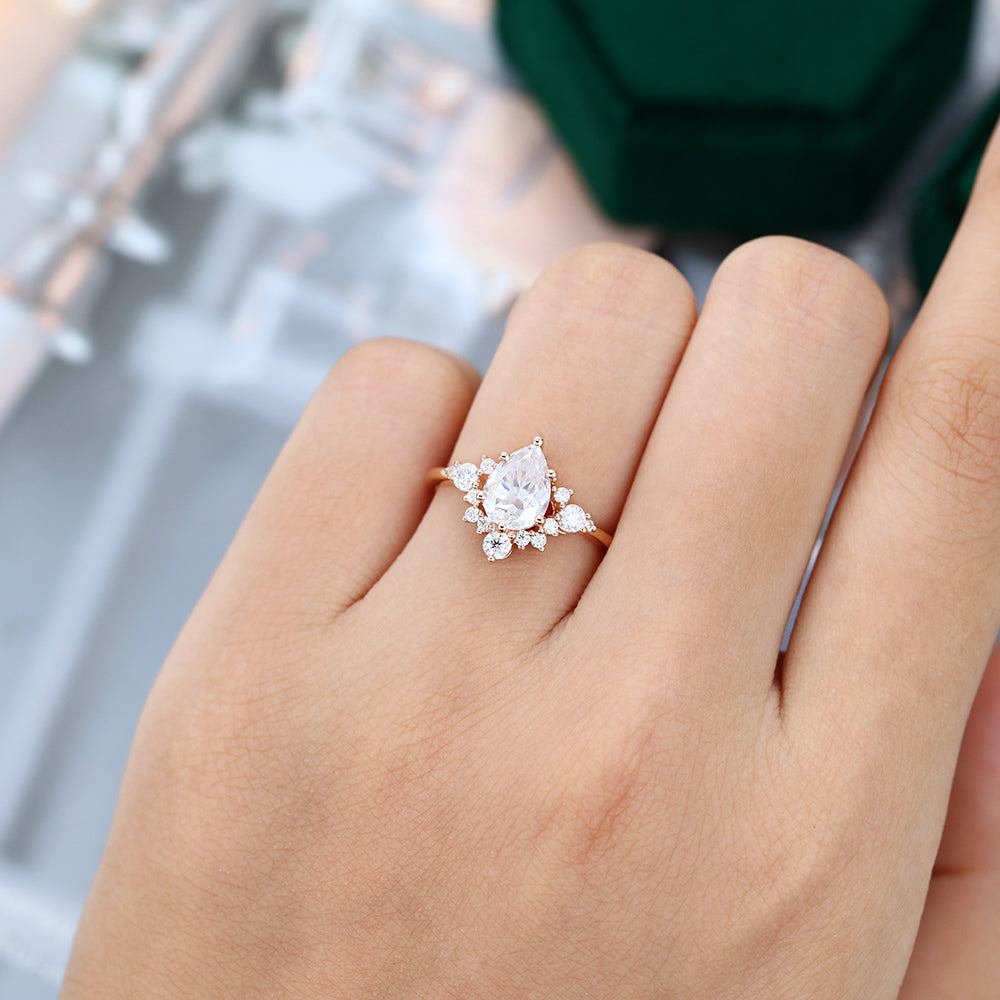 1.0 CT Pear Shaped Moissanite Cluster Engagement Ring