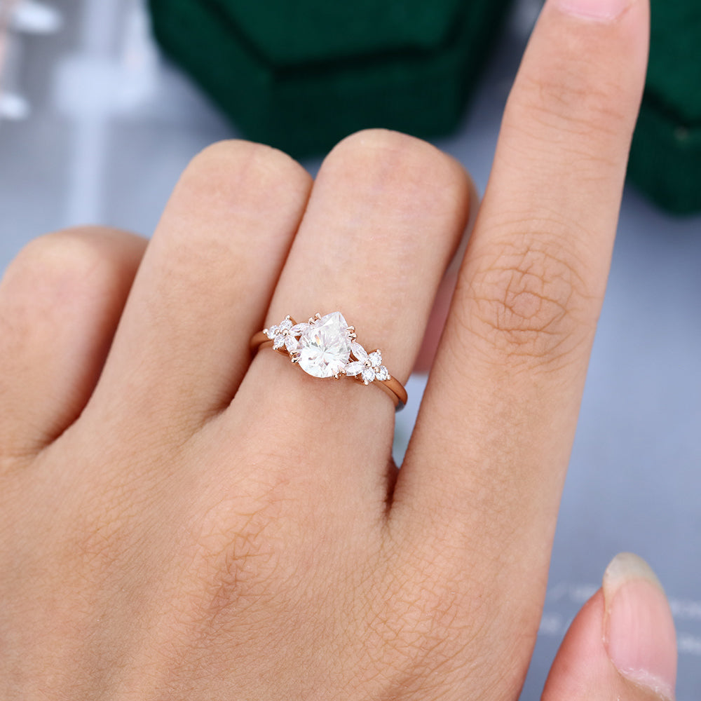 1.0 CT Pear Shaped Moissanite Cluster Engagement Ring