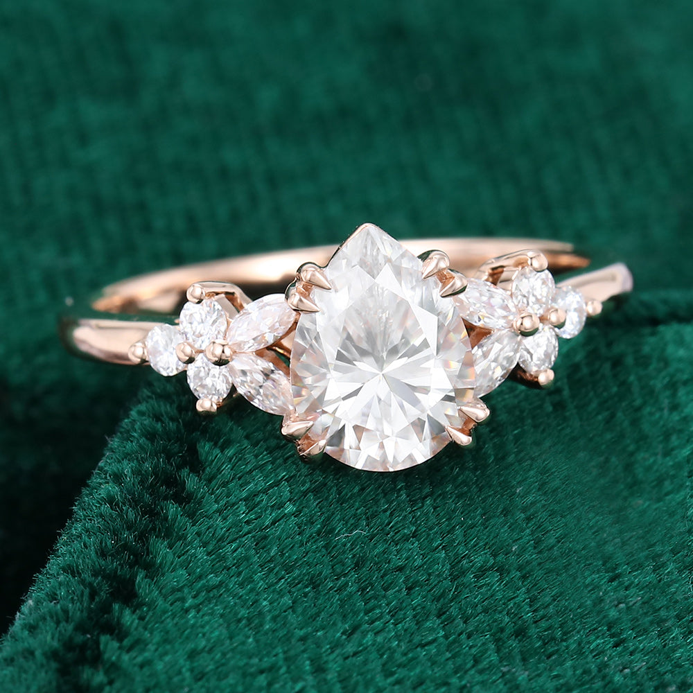 1.0 CT Pear Shaped Moissanite Cluster Engagement Ring