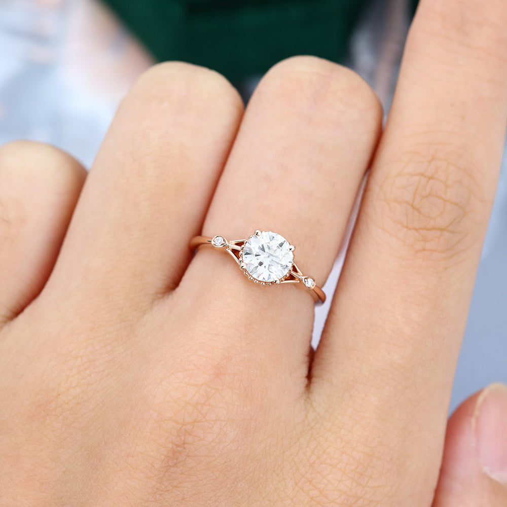 0.88 CT Round Shaped Moissanite Art Deco Engagement Ring