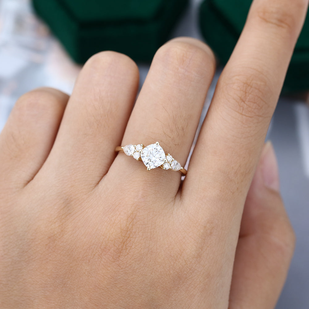 0.96 CT Cushion Shaped Moissanite Cluster Engagement Ring