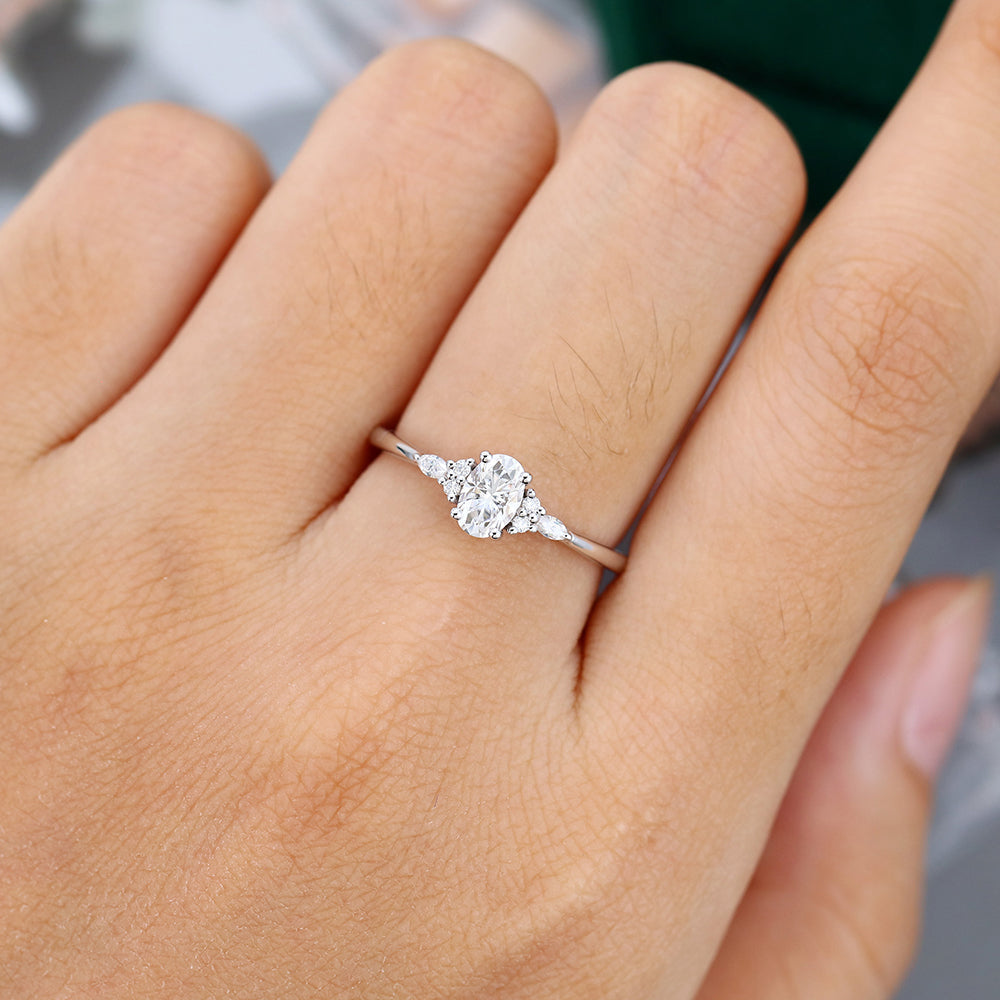 0.43 CT Oval Shaped Moissanite Cluster Engagement Ring