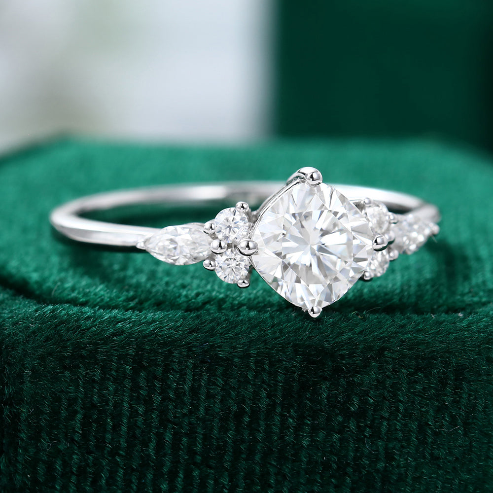 0.96 CT Cushion Shaped Moissanite Cluster Engagement Ring