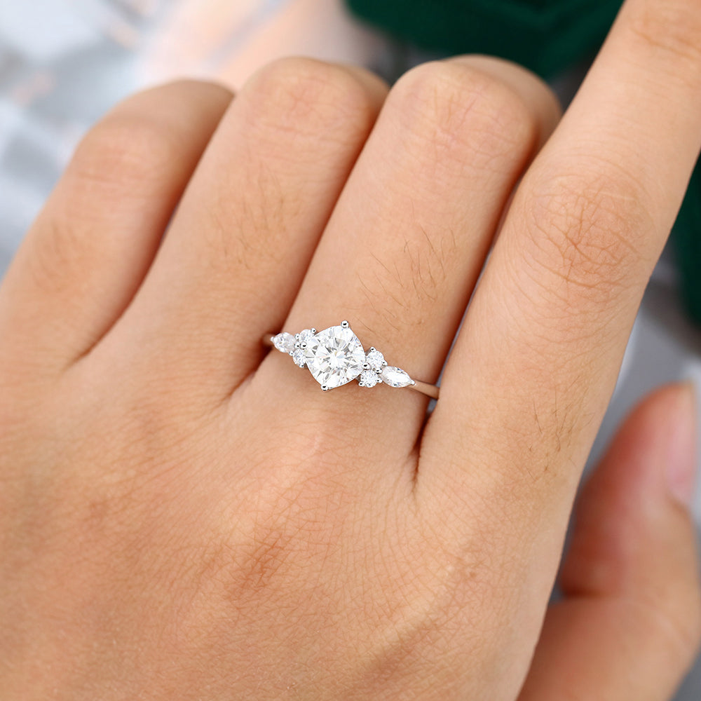 0.96 CT Cushion Shaped Moissanite Cluster Engagement Ring