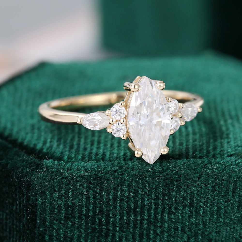 1.0 CT Marquise Shaped Moissanite Cluster Engagement Ring
