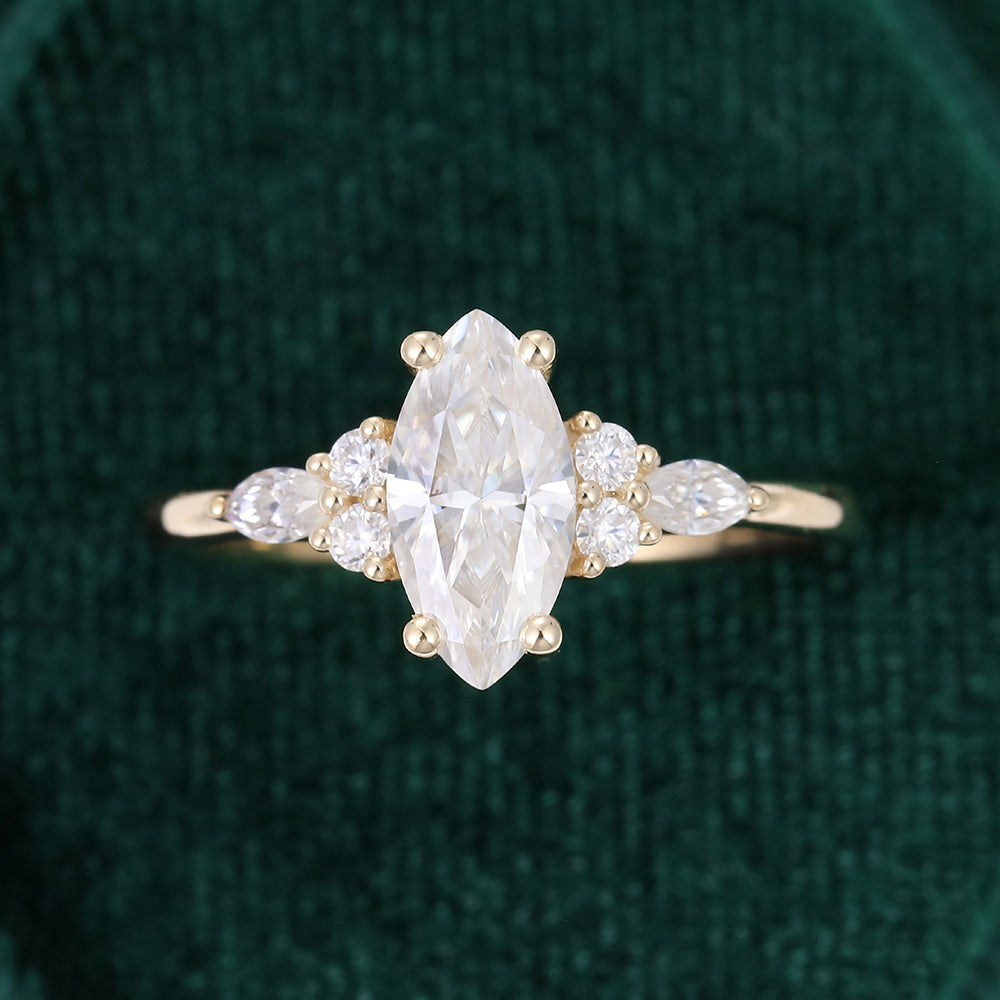1.0 CT Marquise Shaped Moissanite Cluster Engagement Ring