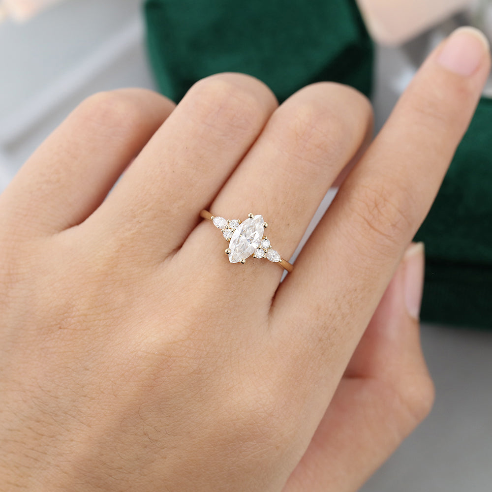 1.0 CT Marquise Shaped Moissanite Cluster Engagement Ring