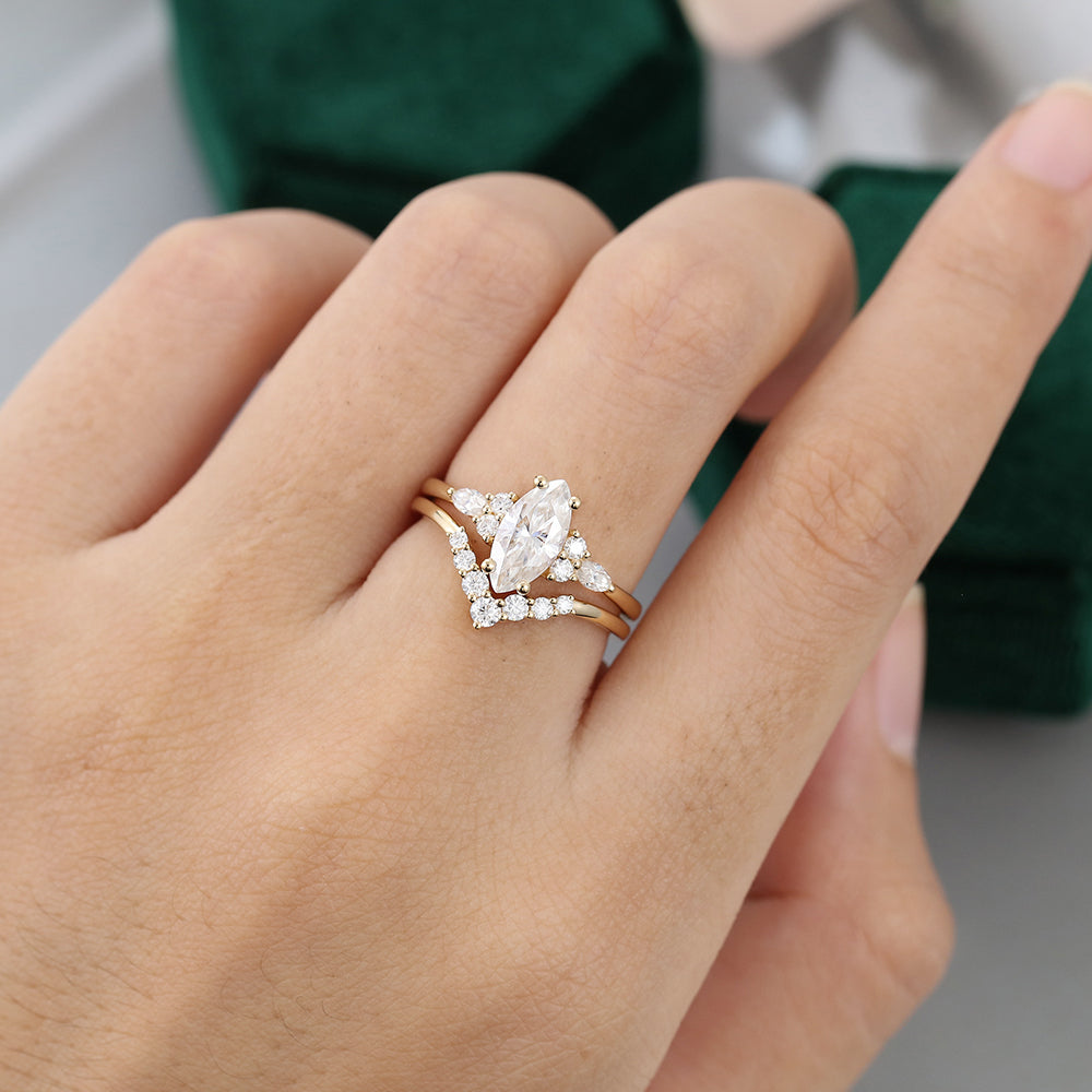 0.90 CT Marquise Moissanite Cluster Bridal Ring Set