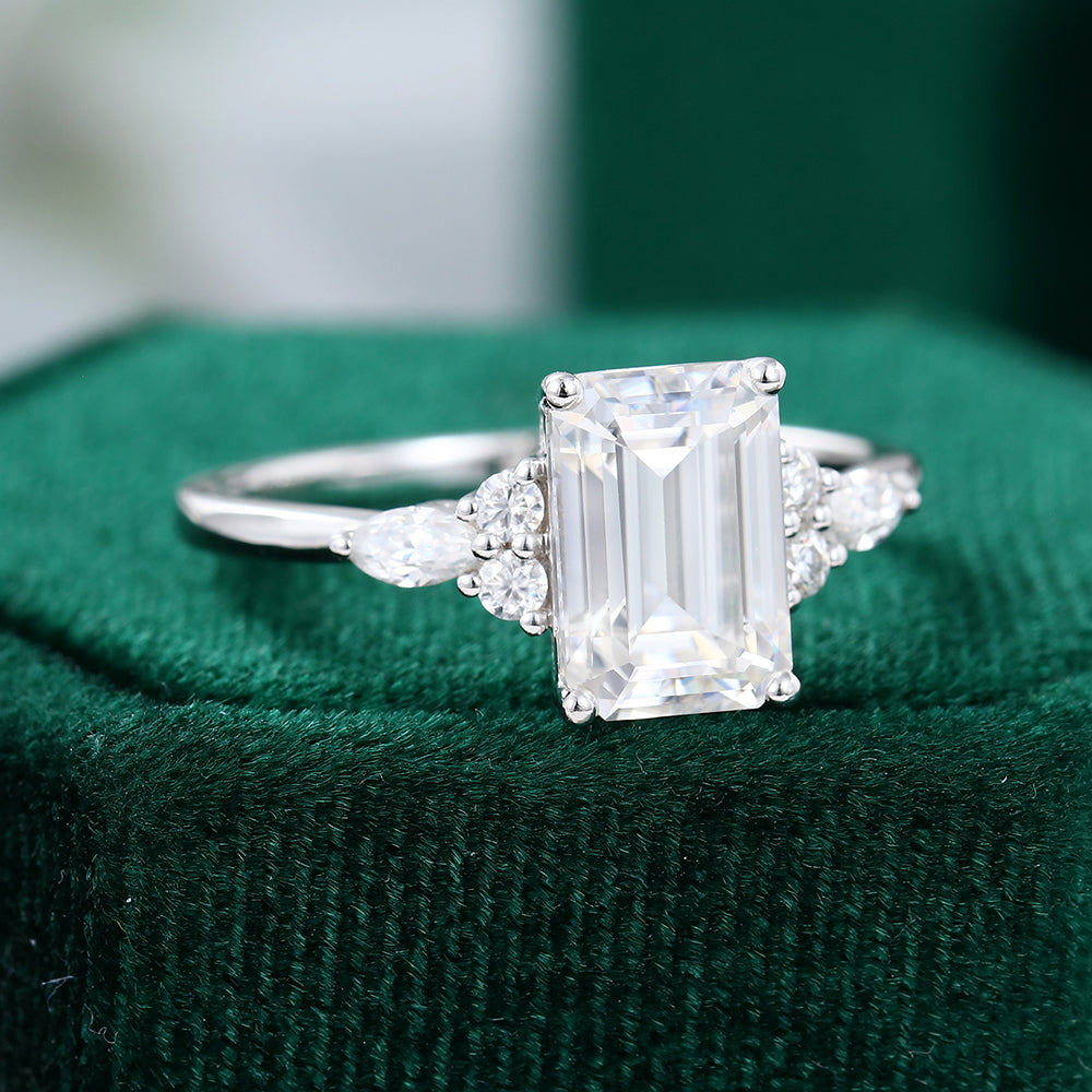 2.0 CT Emerald Shaped Moissanite Cluster Engagement Ring