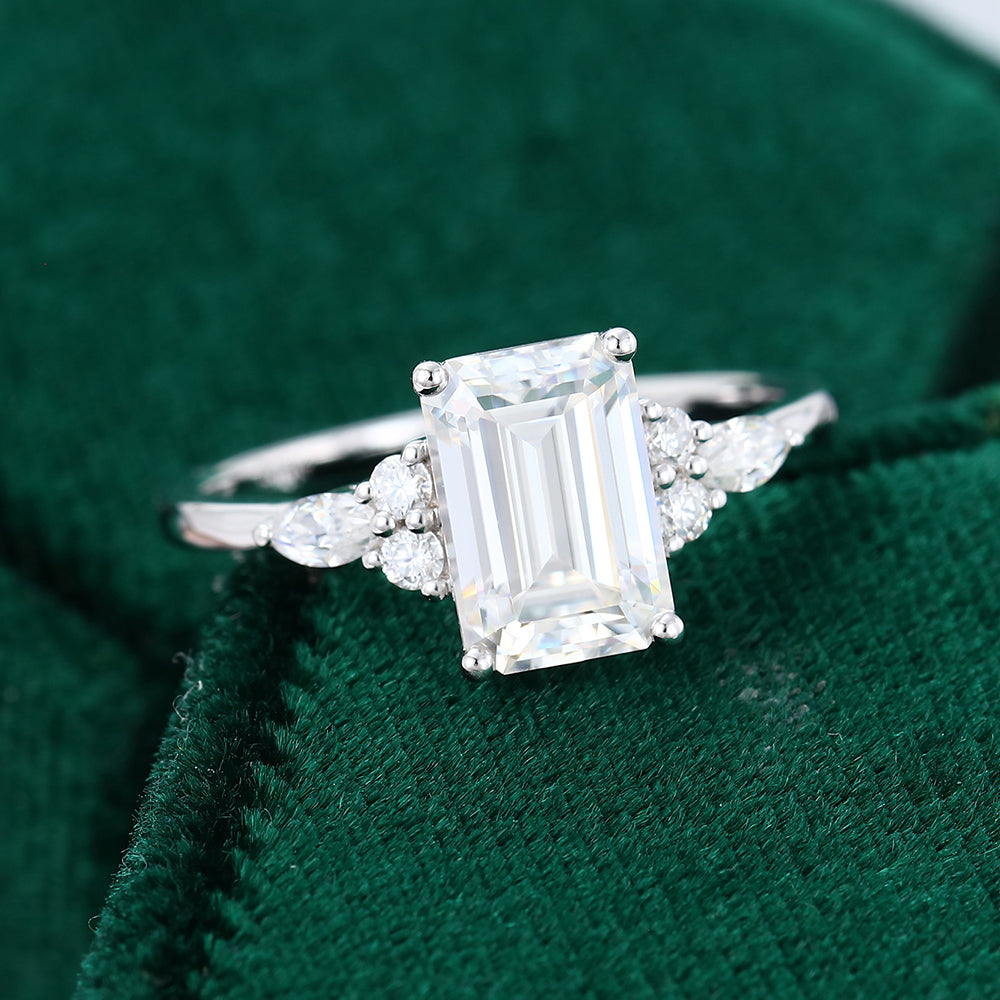 2.0 CT Emerald Shaped Moissanite Cluster Engagement Ring