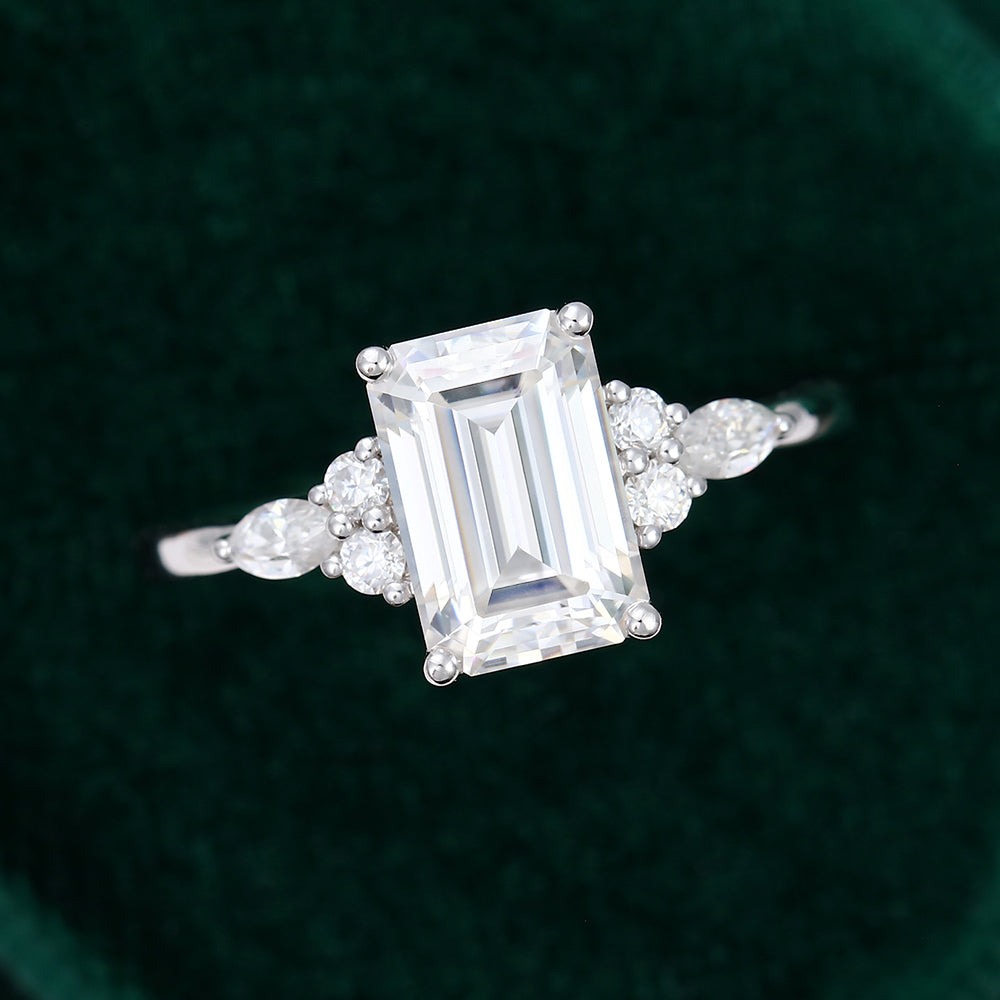 2.0 CT Emerald Shaped Moissanite Cluster Engagement Ring