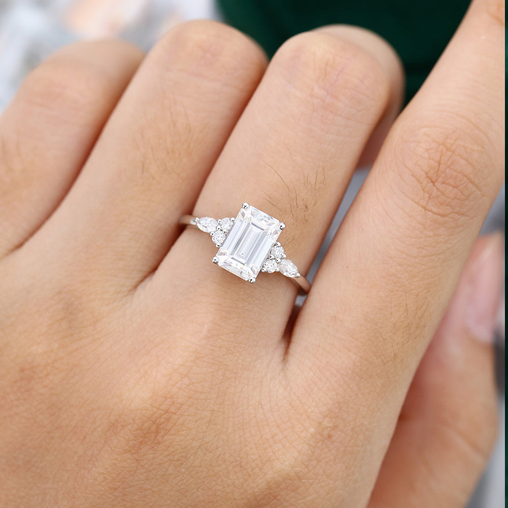 2.0 CT Emerald Shaped Moissanite Cluster Engagement Ring
