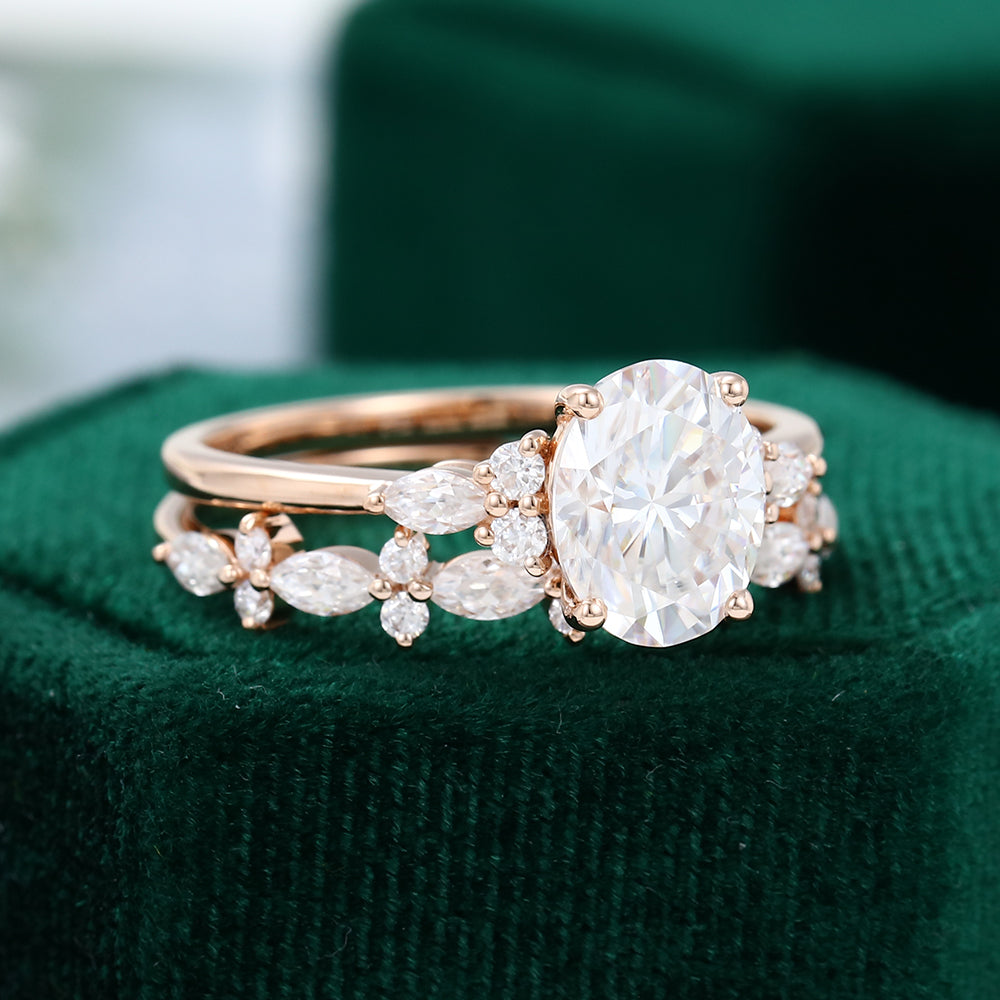 1.91 CT Oval Moissanite Cluster Bridal Ring Set