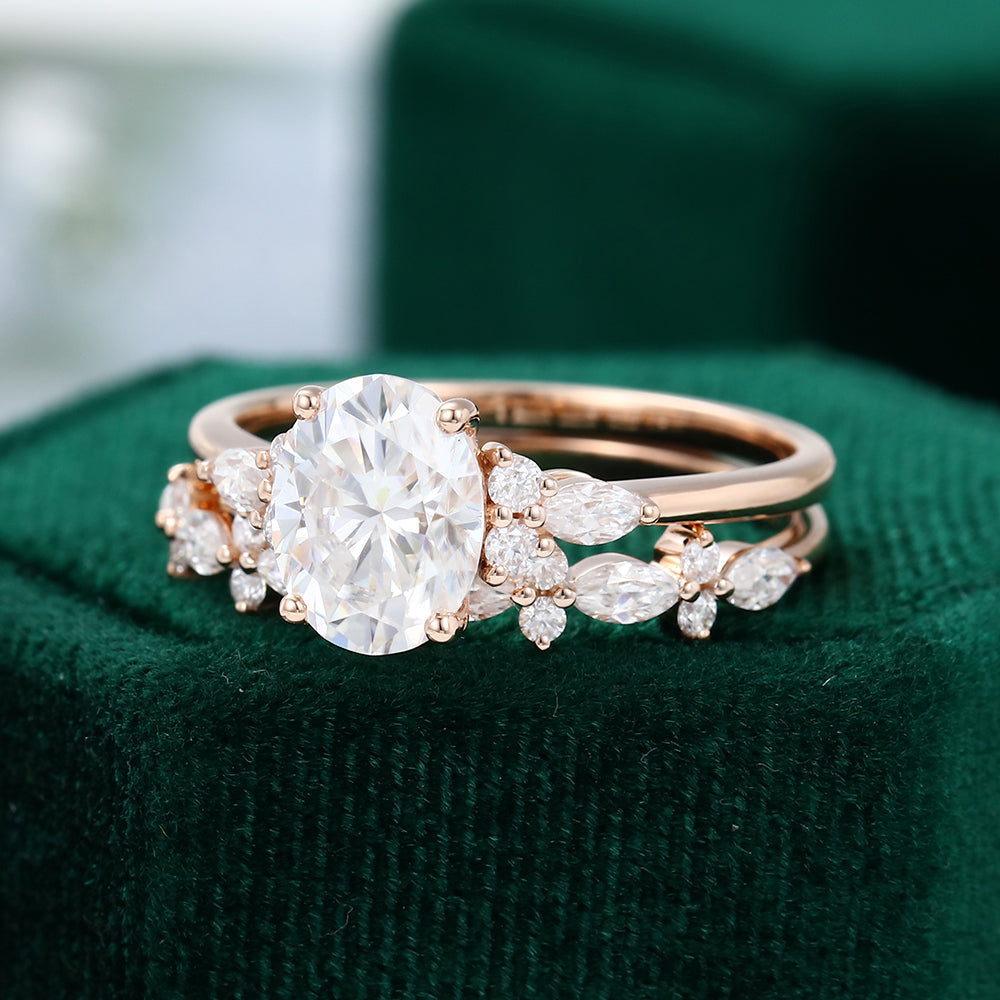 1.91 CT Oval Moissanite Cluster Bridal Ring Set