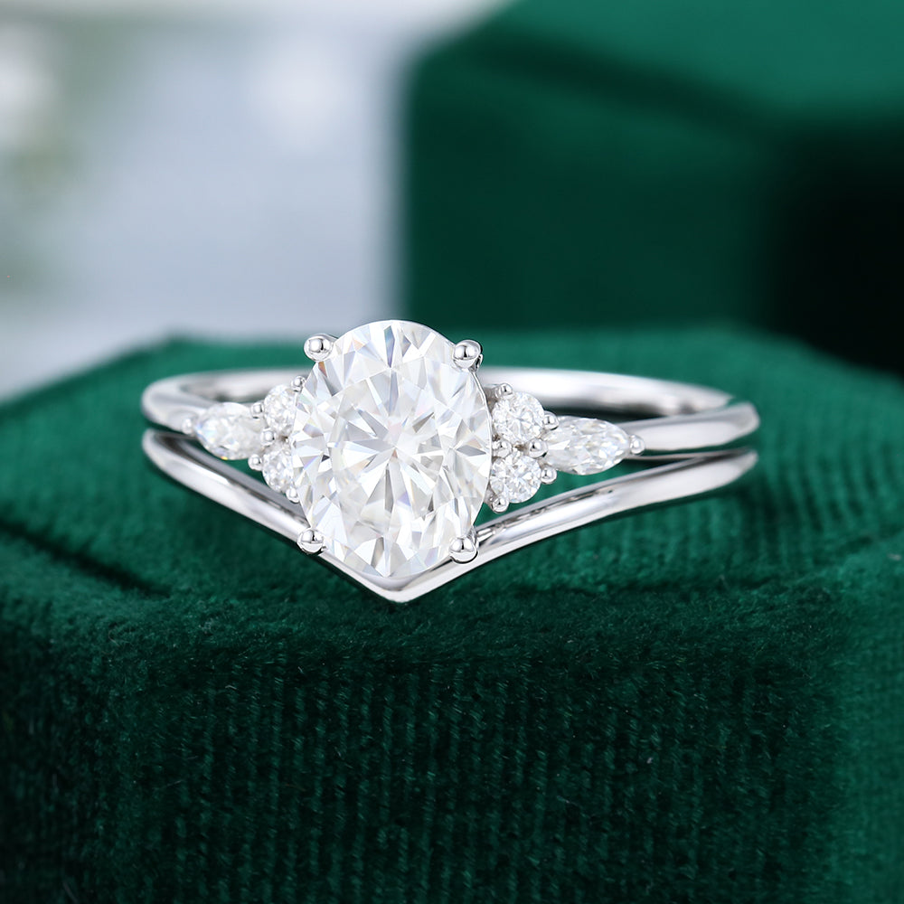 1.91 CT Oval Moissanite Cluster Bridal Ring Set