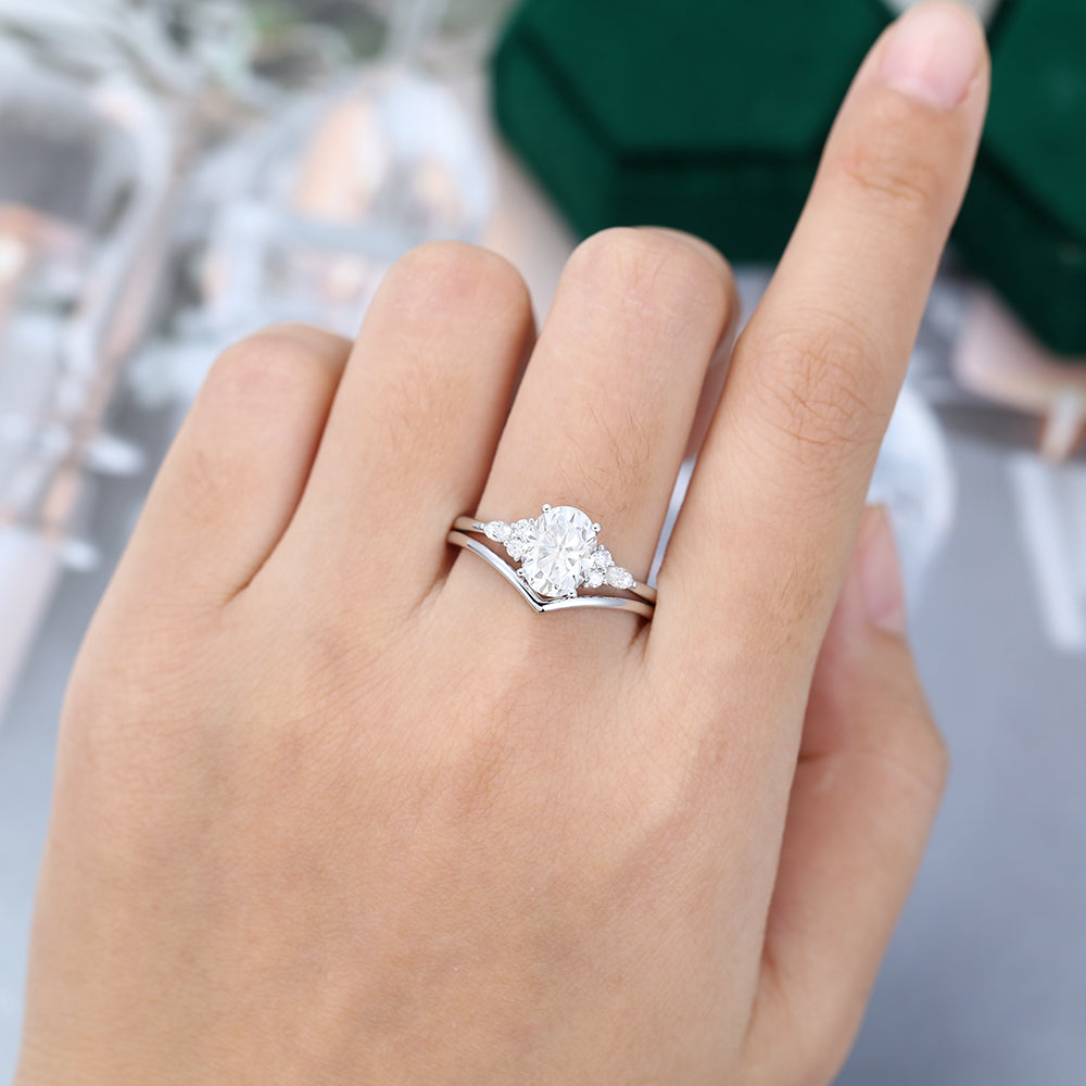 1.91 CT Oval Moissanite Cluster Bridal Ring Set