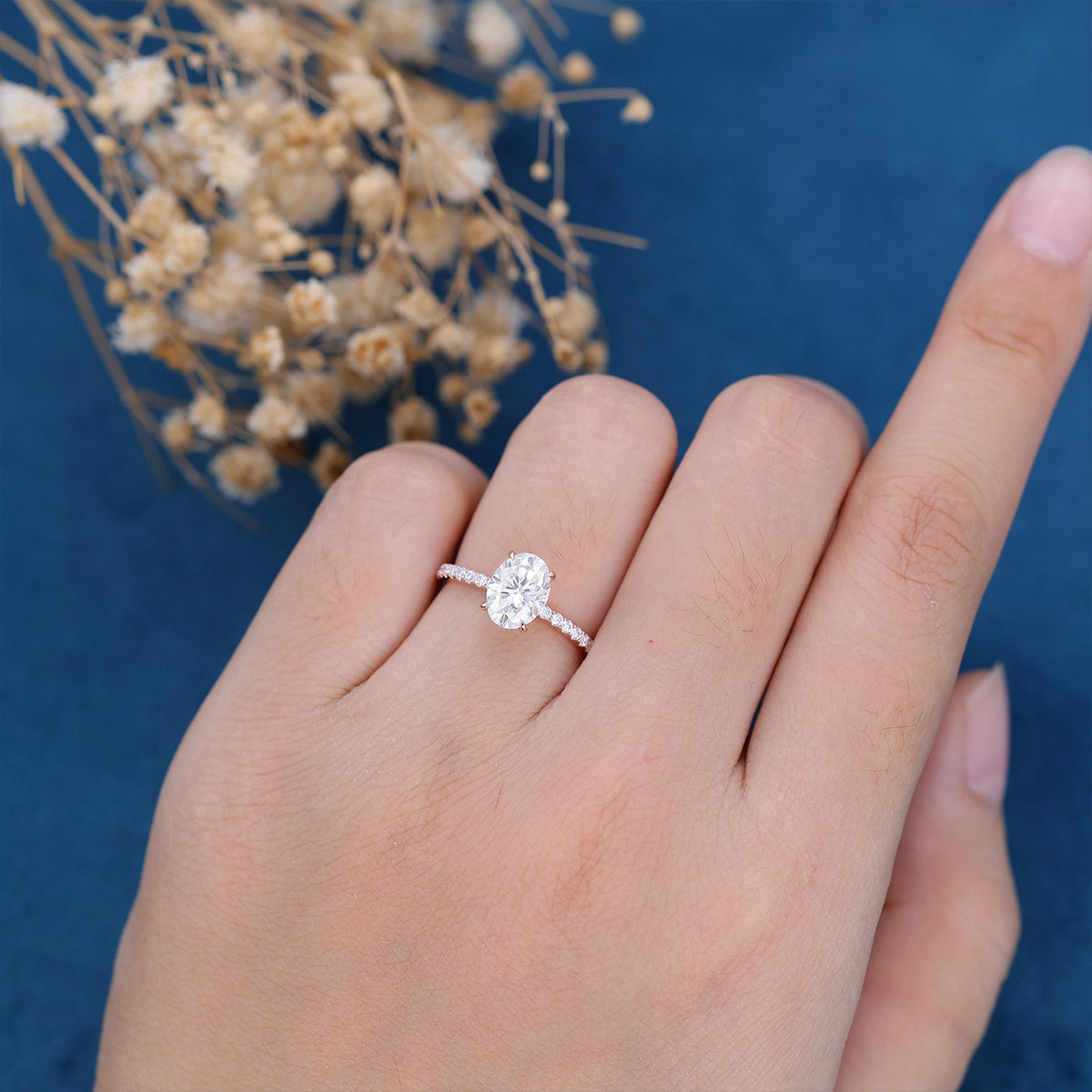 1.33 CT Oval Shaped Moissanite Solitaire Pave Engagement Ring