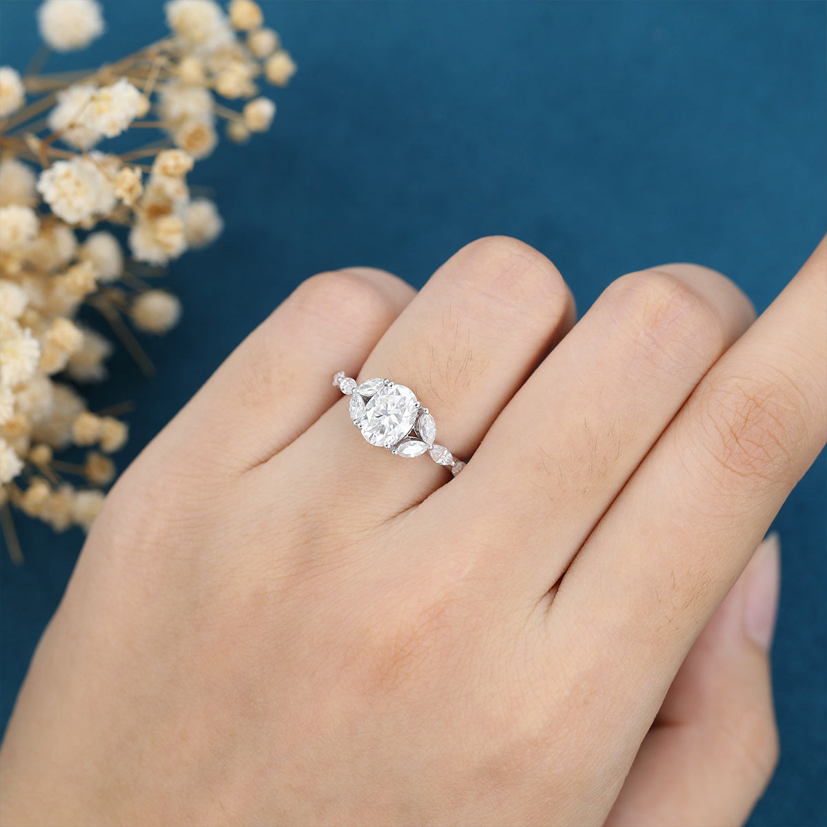 1.33 CT Oval Shaped Moissanite Cluster Engagement Ring