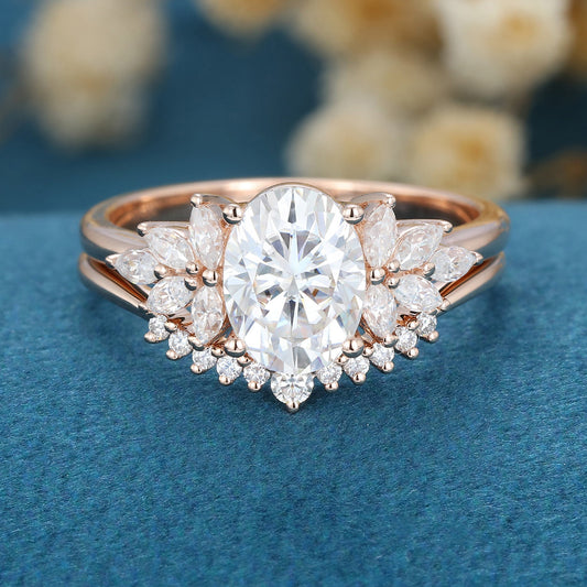 1.33 CT Oval Shaped Moissanite Cluster Bridal Set