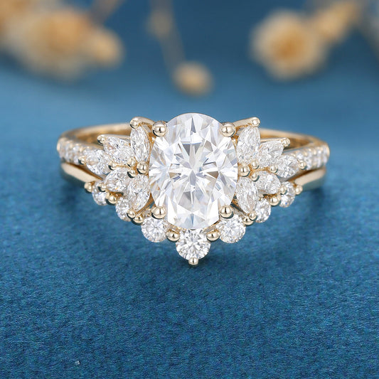 1.33 CT Oval Shaped Moissanite Cluster Bridal Set