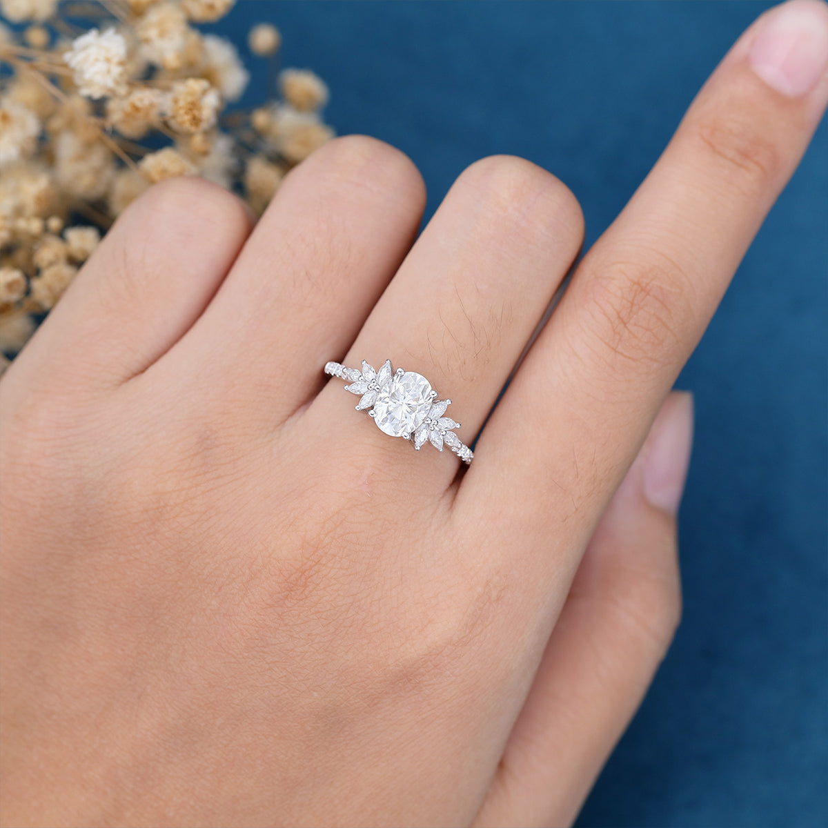 1.33 CT Oval Shaped Moissanite Cluster Engagement Ring