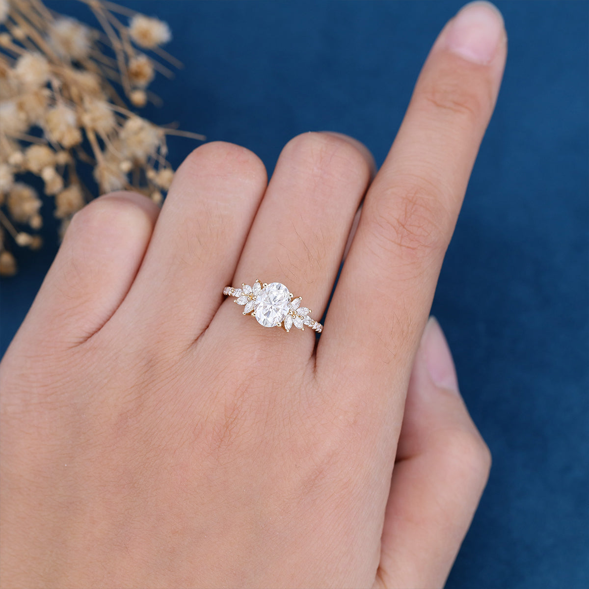 1.33 CT Oval Shaped Moissanite Cluster Engagement Ring