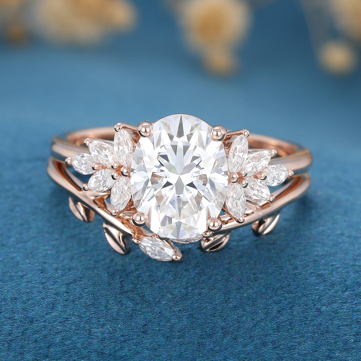 1.33 CT Oval Shaped Moissanite Cluster Bridal Set