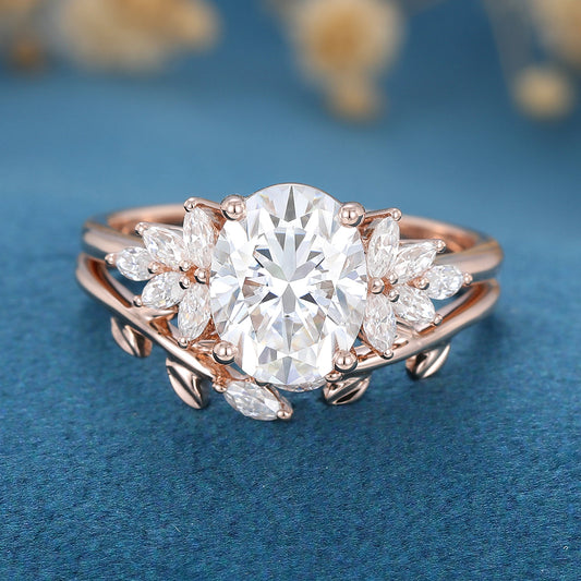 1.33 CT Oval Shaped Moissanite Cluster Bridal Set
