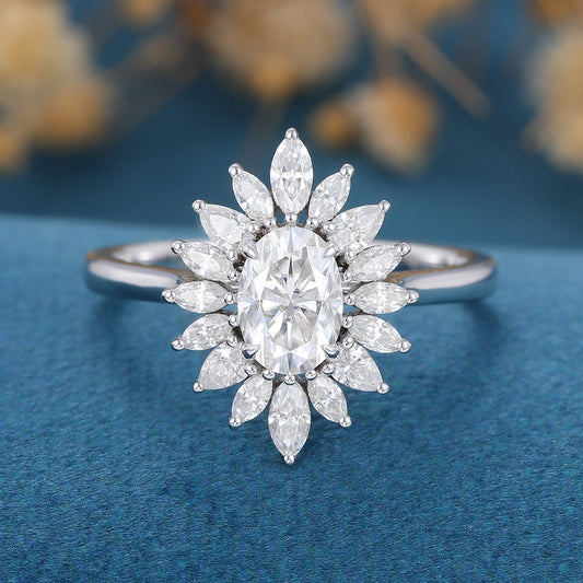 0.84 CT Oval Shaped Moissanite Halo Engagement Ring