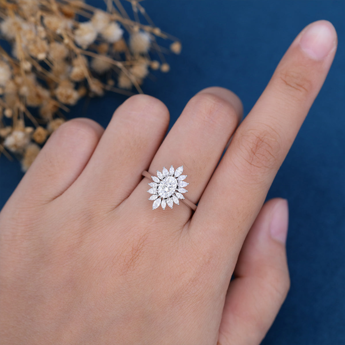 0.84 CT Oval Shaped Moissanite Halo Engagement Ring