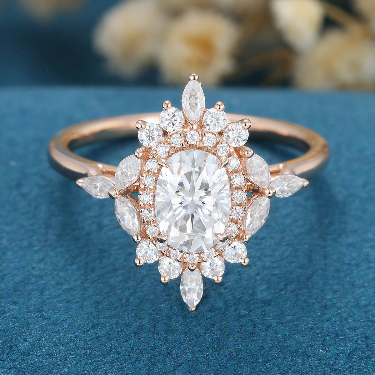 0.84 CT Oval Shaped Moissanite Cluster Engagement Ring