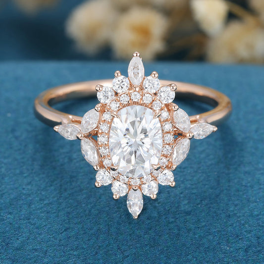 0.84 CT Oval Shaped Moissanite Cluster Engagement Ring