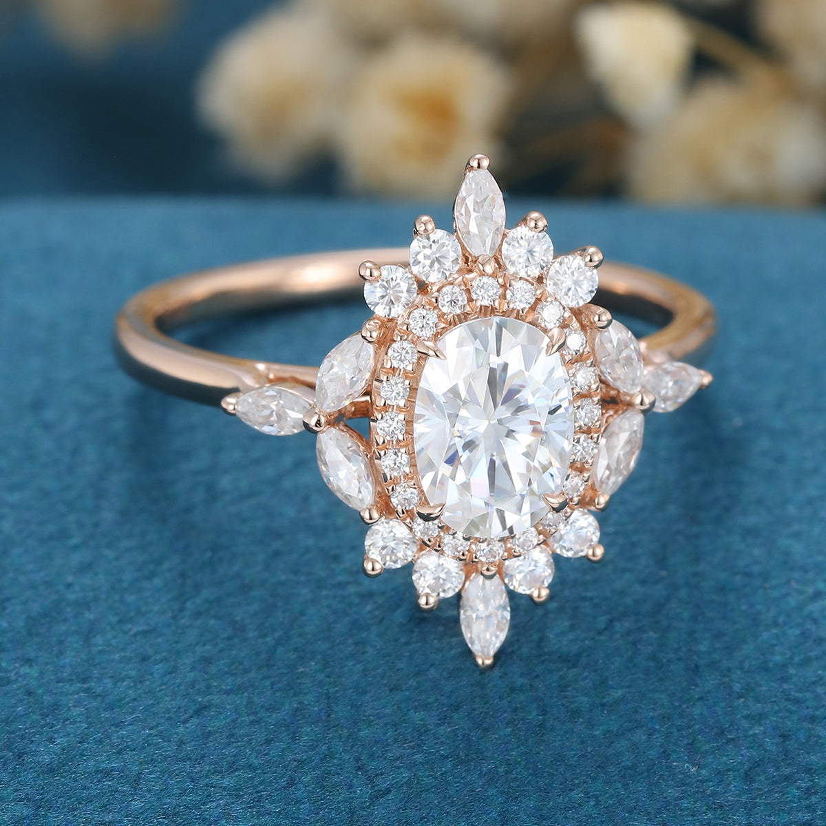 0.84 CT Oval Shaped Moissanite Cluster Engagement Ring