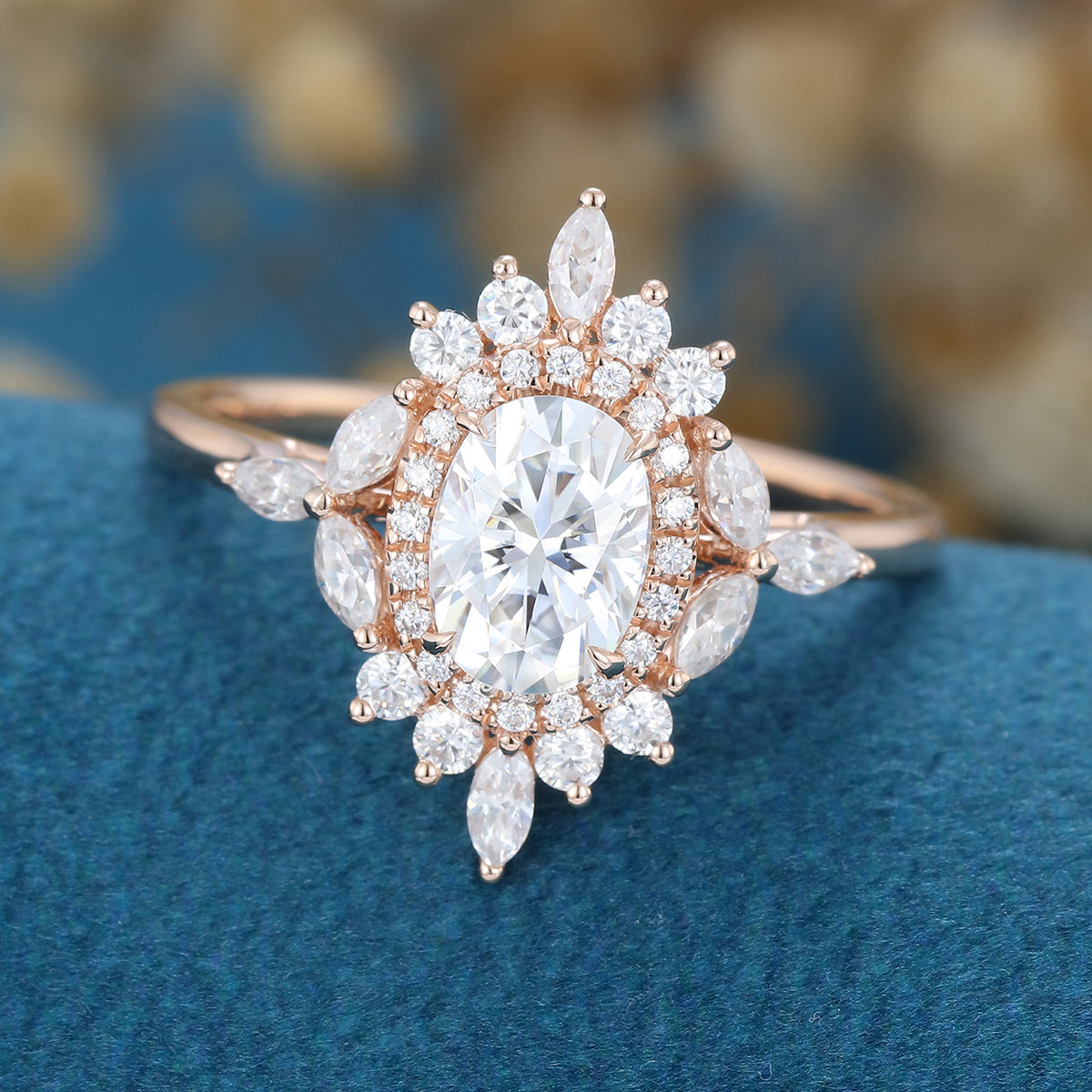 0.84 CT Oval Shaped Moissanite Cluster Engagement Ring