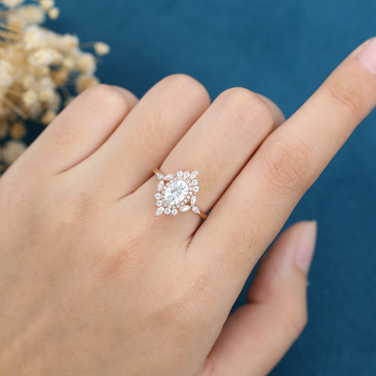0.84 CT Oval Shaped Moissanite Cluster Engagement Ring