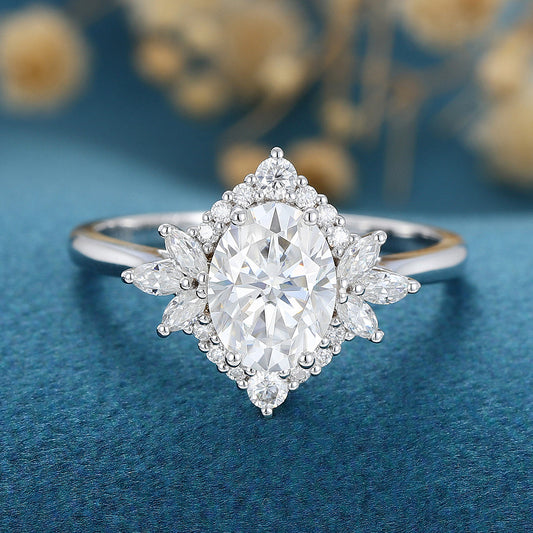 0.84 CT Oval Shaped Moissanite Cluster Engagement Ring