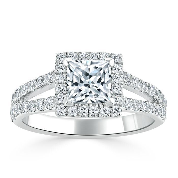 1.0 CT Princess Cut Halo Split Shank Setting Moissanite Engagement Ring